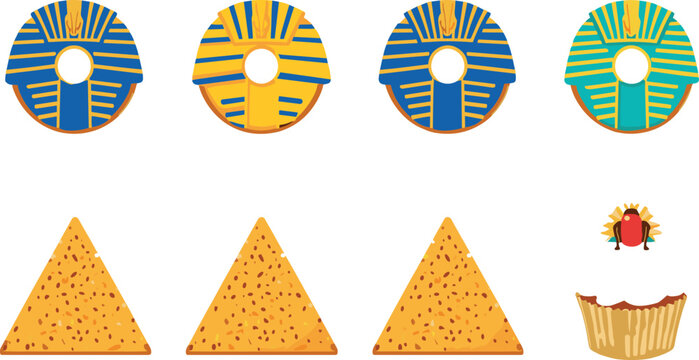 Egyptian pharaoh donut vector icon set with yellow pyramid nachos chips scarab beetle and sweet cupcake wrappers isolated on white background