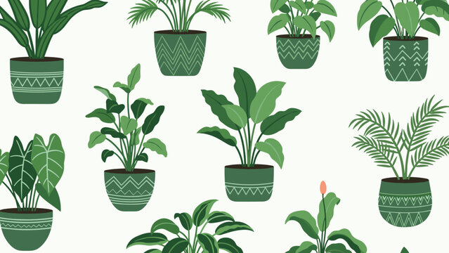Lush seamless pattern of various green indoor plants in decorative patterned pots arranged on a clean white background.