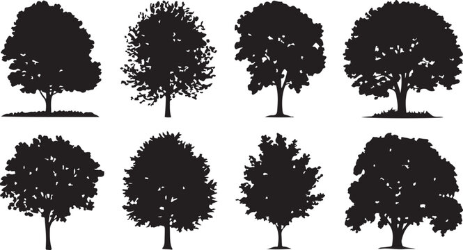 Set of eight black silhouettes of deciduous trees