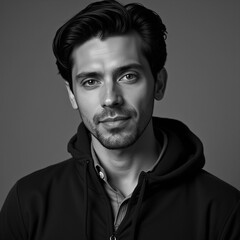 Obraz premium Confident Young Man Portrait in Black and White Studio Lighting with Casual Hoodie