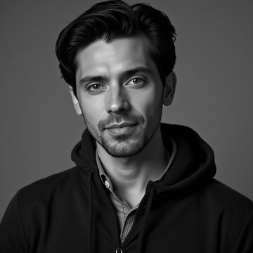 Confident Young Man Portrait in Black and White Studio Lighting with Casual Hoodie