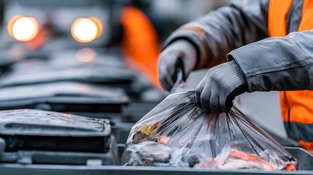 Close-up of gloved hands placing trash in bag near vehicle