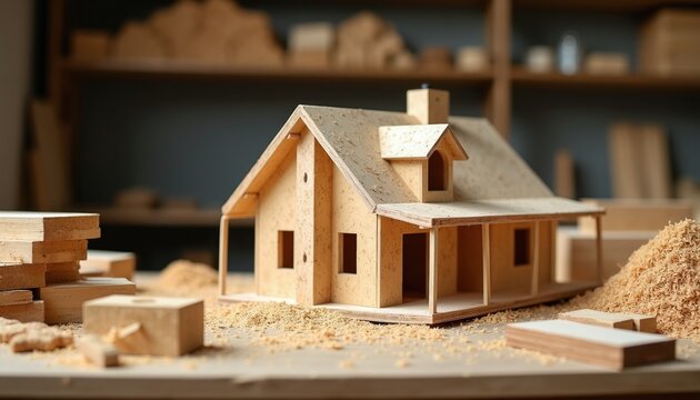 Small wooden house model on workbench. Building materials, sawdust scattered around. Craftsman hobbyist creating tiny home. Woodworking project, miniature architecture.