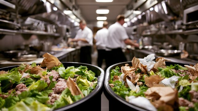 Fresh salad bowls sit ready to serve in a bustling commercial kitchen