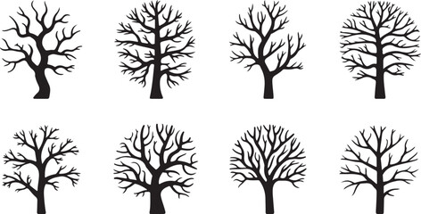 Obraz premium Set of silhouettes of bare winter trees without leaves