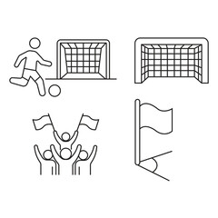 Minimalist soccer vector web icons set including striker, net post, stadium crowd, and match corner flag. © ZAY