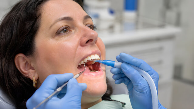 Senior woman receiving dental treatment with saliva ejector tool