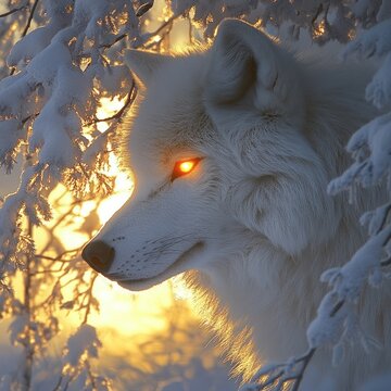 A striking white wolf with glowing eyes watches the fading sun through frosty trees