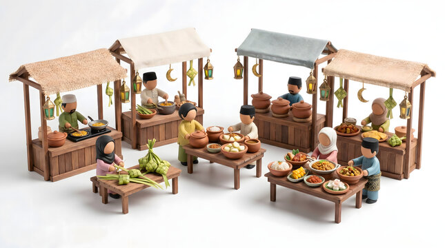 Miniature Clay People Preparing Traditional Ketupat and Eid Feast Table Arrangement