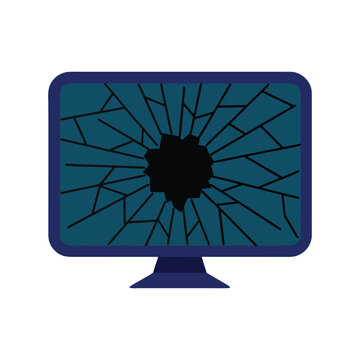 Broken Computer Monitor with Hole and Cracks on Screen Isolated on White Background. Destroyed Appliances, Pc Repair,