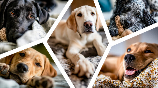montage of caring, playing and looking after dogs in a grid formation separated by a white keyline creating a dynamic layout