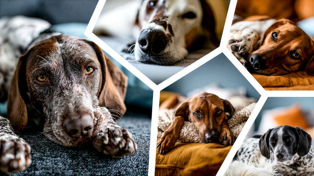 montage of caring, playing and looking after dogs in a grid formation separated by a white keyline creating a dynamic layout