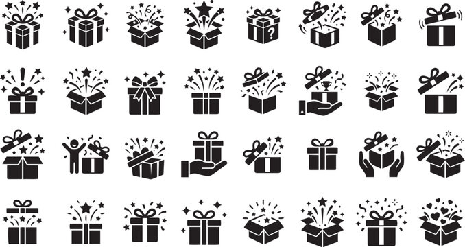 Surprising Gift Box Icon Set in Solid Black Fill Style, Gift Wrapping Symbol for Mockup Instructions, Surprise Parcel, Reward, Award, Winning and Unboxing Vector Illustration