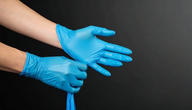 A person putting on blue medical gloves