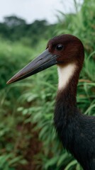 Fototapeta premium A stunning bird stands in lush greenery displaying its vibrant beak and colors