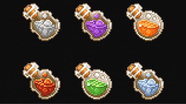 Pixel art magic potion flask bottles alchemy game assets vector