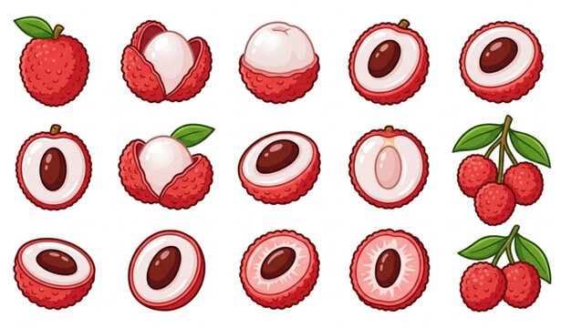 Cartoon Lychee Fruit Vector Set with Whole Half and Cut Lychee Illustrations