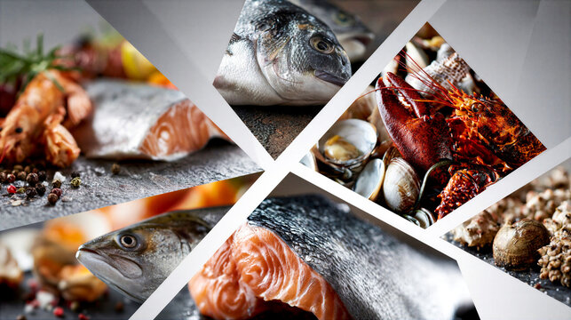 montage of different varieties fish and shellfish in a grid formation separated by a white key line creating a dynamic layout