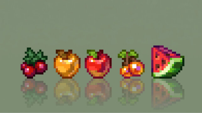 Pixel art shiny fruits icons set with mirror reflection vector