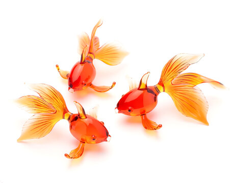 Glass Art Fancy Goldfish Figurines Group of Three with Flowing Fins, Isolated on White Background