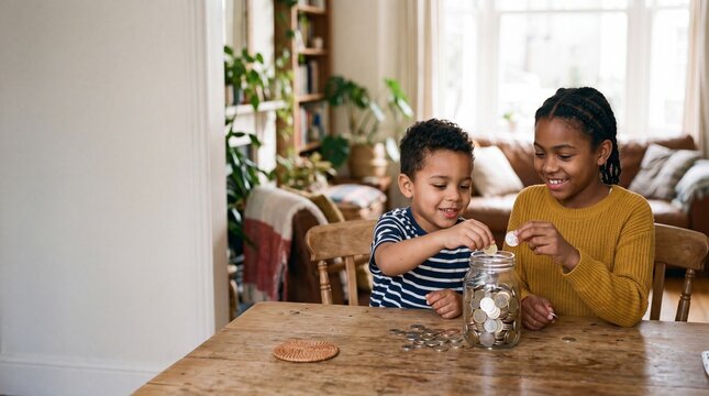 Happy African American siblings sitting at a wooden table and putting coins into a glass jar to save money at home