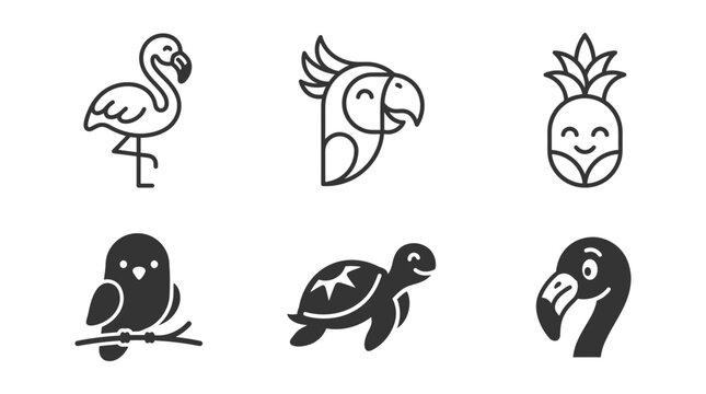 Set of tropical animal and fruit icons featuring flamingo parrot pineapple owl and turtle graphics tropical flamingo