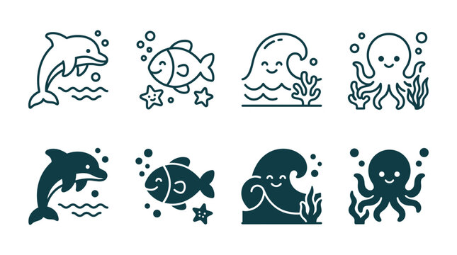 Underwater sea life icons with dolphin fish wave and octopus in outline and solid styles underwater collection