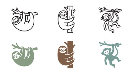 Fototapeta premium Collection of sloth and monkey icons showing jungle animals hanging on branches in outline and colored styles