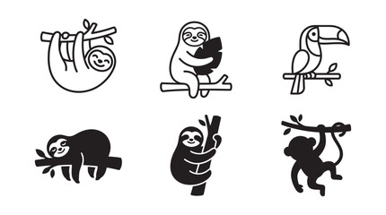 Fototapeta premium Jungle animal icon set featuring sloth monkey and toucan in linear and solid black shapes for design projects, wildlife