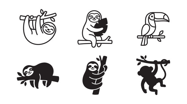Jungle animal icon set featuring sloth monkey and toucan in linear and solid black shapes for design projects, wildlife