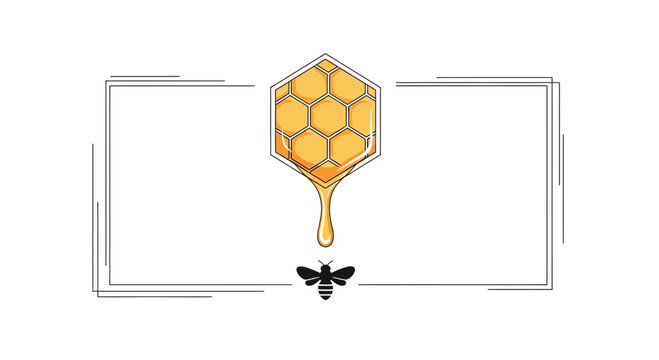 Honeycomb dripping golden honey with bee illustration inside decorative frame