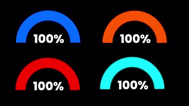 An animated semicircular progress chart bundle with a 100% completion indicator is available in colors: tosca, red, orange, and blue. Ideal for statistics, improvements, growth, and increases.