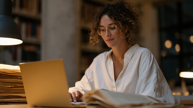 Graduate student in a university archive carefully handles a fragile primary source document while typing notes on a laptop, stacks of research folders beside her under controlled