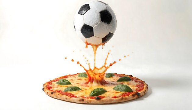 Funny Soccer Ball Floating Above Cheese Pizza With Molten Cheese Stream
