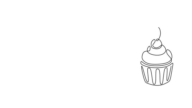 Animated self drawing of continuous line draw of Continuous Line Art Desserts Cake Slices and Cupcake. Logo in Line Art. Full length one line animation. 4K	  
