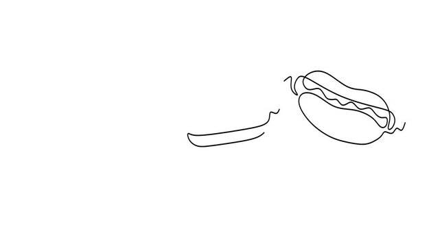 Animated self drawing of continuous line draw of Food Line Art Pizza, Burger, and Hot Dog. Logo in Line Art. Full length one line animation. 4K	 