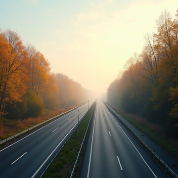 Long Straight Highway Through Autumn Forest at Golden Sunrise Scenic Landscape