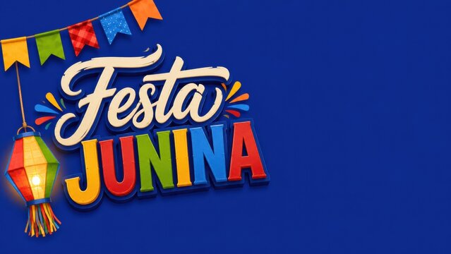 Festa Junina lettering celebrates Brazilian June festival with colorful flags and lantern on blue background. Bright festive typography and decorative elements convey party atmosphere.