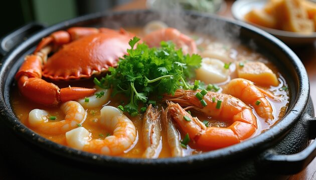 Hot seafood stew in black pot with crab shrimp scallops fish. Garnished with fresh green herbs and served steaming hot. Delicious rich broth, perfect for winter meals.