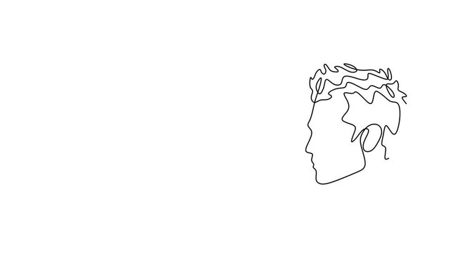 Animated self drawing of continuous line draw of  Male Profile Outlines Three Distinct Hairstyles. Logo in Line Art. Full length one line animation. 4K	 