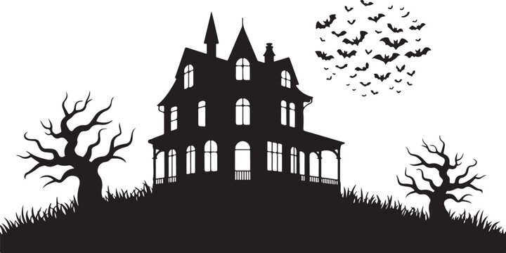 Haunted house silhouette with scary trees and bats flying in the sky, vector illustration for halloween holiday design