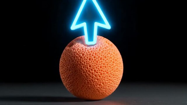 Glowing neon cursor gently poking soft squishy stress ball