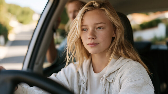 teen girl seated in passenger seat gripping door handle as parent instructor grips dashboard, residential street visible ahead, learner driver anxiety, teen driving lesson stress,