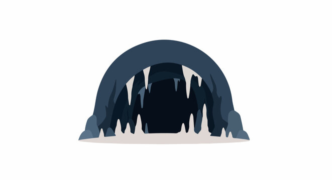 Dark, jagged cave entrance with sharp, white teeth-like stalactites and stalagmites