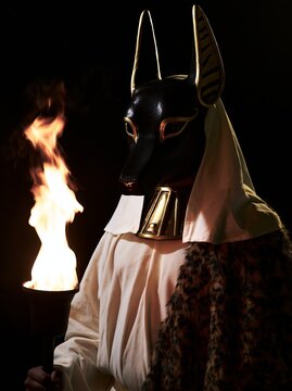 A priest wearing an Egyptian Anubis jackal mask in black lacquer with gold trim
