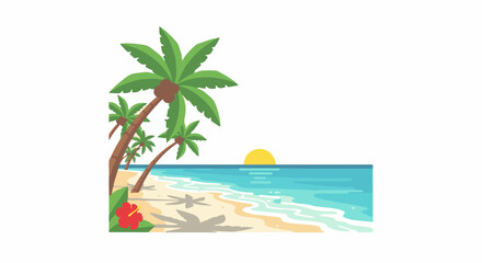 Fototapeta premium Tropical beach scene with palm trees, sandy shore, turquoise ocean waves, and setting sun