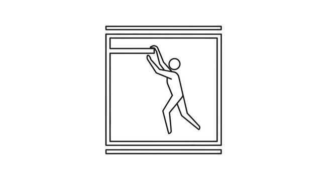 Person hanging from a bar in a square frame, minimalist line art icon