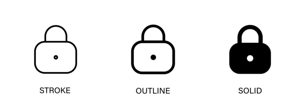 Lock icon for cybersecurity and security themes with stroke, outline, and solid styles.