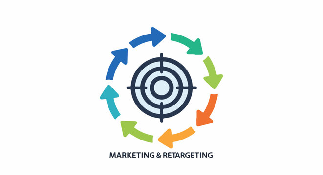 Circular arrow flow around a target icon, representing marketing and retargeting