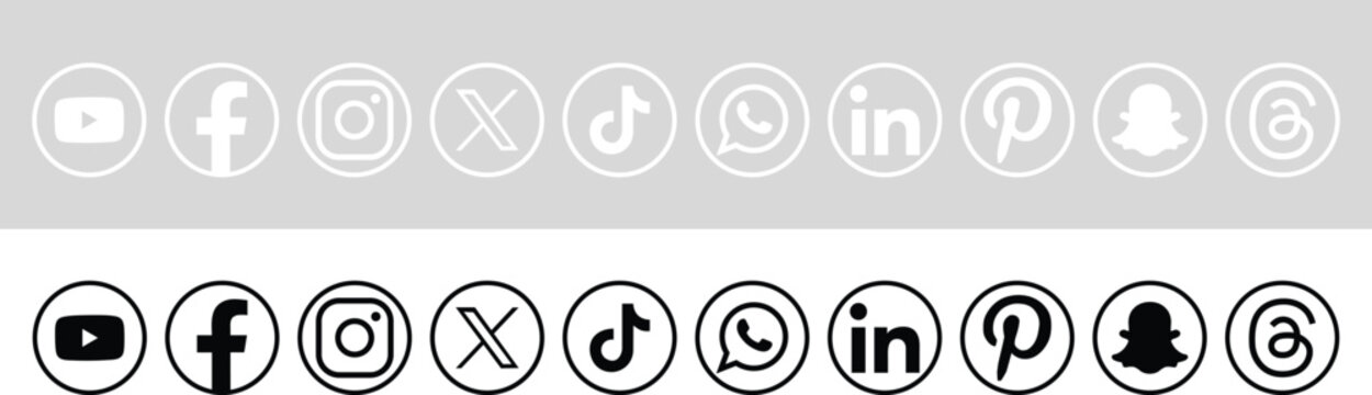 Social media icons mega collection featuring popular logos like Facebook, Instagram, YouTube, TikTok, and X in black and white circular line art button style